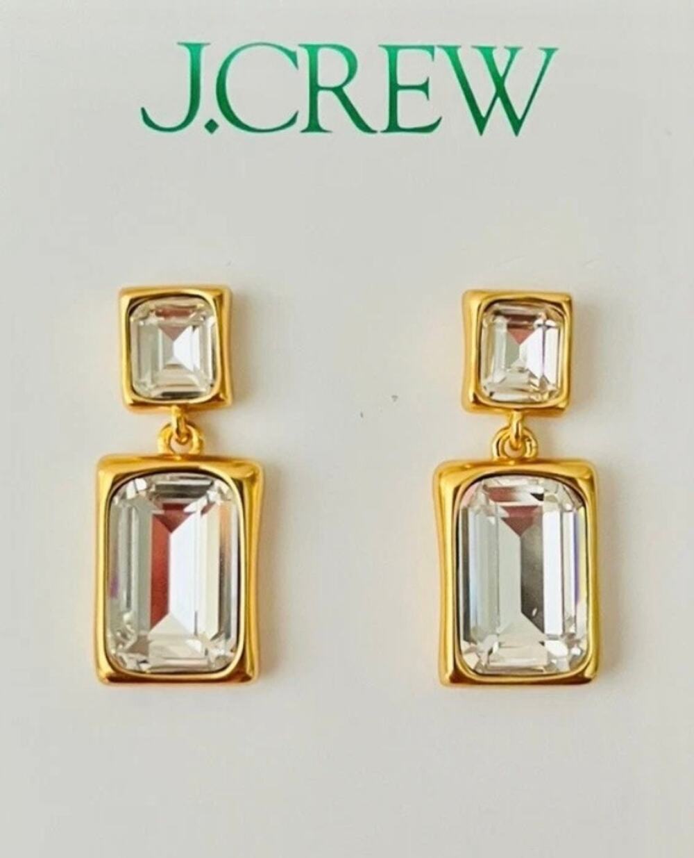 J Crew Clear Faceted Crystal Gold Tone Drop Earrings Rectangle NEW